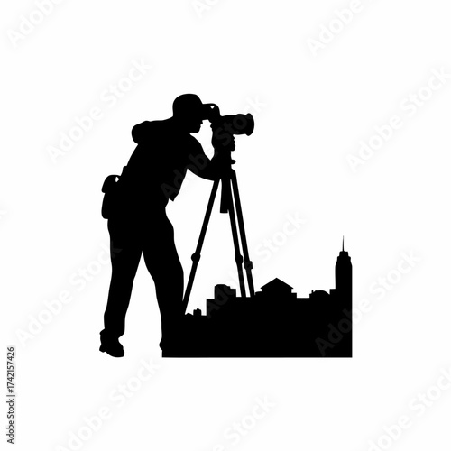 Silhouette of a photographer adjusting tripod for a cityscape shot isolated on white background