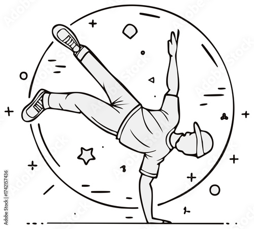 Breakdancer performs a dynamic handstand in a stylized circular frame with decorative elements.