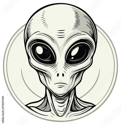 Mysterious Grey Extraterrestrial Alien Head Illustration with Large Dark Eyes in a Circular Emblem