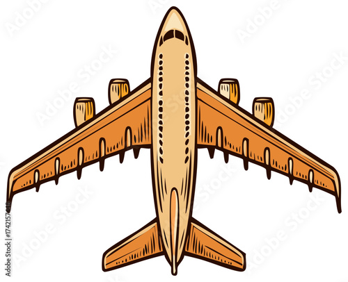 Stylized passenger airplane sketch shows perspective with four engines and distinct winglets for commercial travel