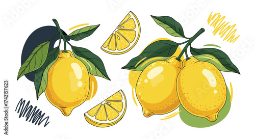 Bright yellow lemons with green leaves on branches with abstract shapes and scribbles.