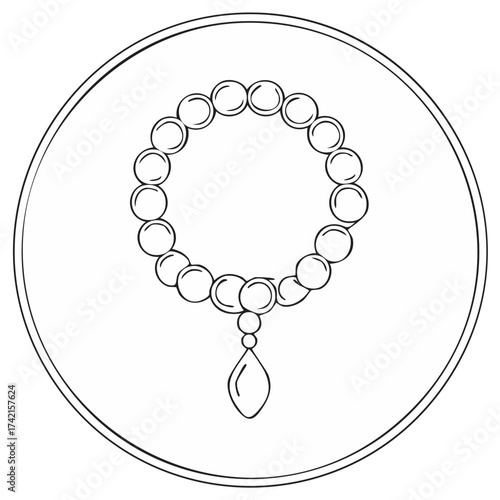 Hand drawn outline of a pearl necklace with a teardrop pendant inside a circle
