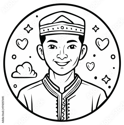 Smiling young man portrait wearing a religious hat in a round frame