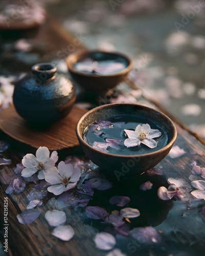japan hanami slow travel 2026 close-up of tea ceremony with floating petals, creative concept - Serene Tea Ceremony with Cherry Blossom Petals in Traditional Setting - modern art