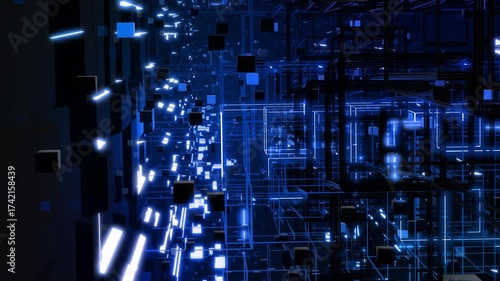3d looped abstract background with data blocks. Information technology concept with data flow. Blue dark sci fi bg fly through hi tech digital space, neon light. Data flow in blockchain or bigdata.