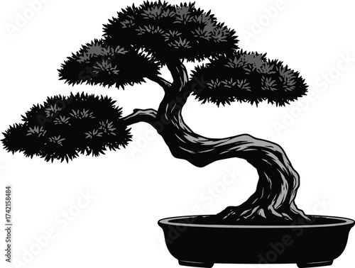 Bonsai tree silhouette, Japanese miniature plant vector, zen garden illustration for nature, art, meditation, and design projects