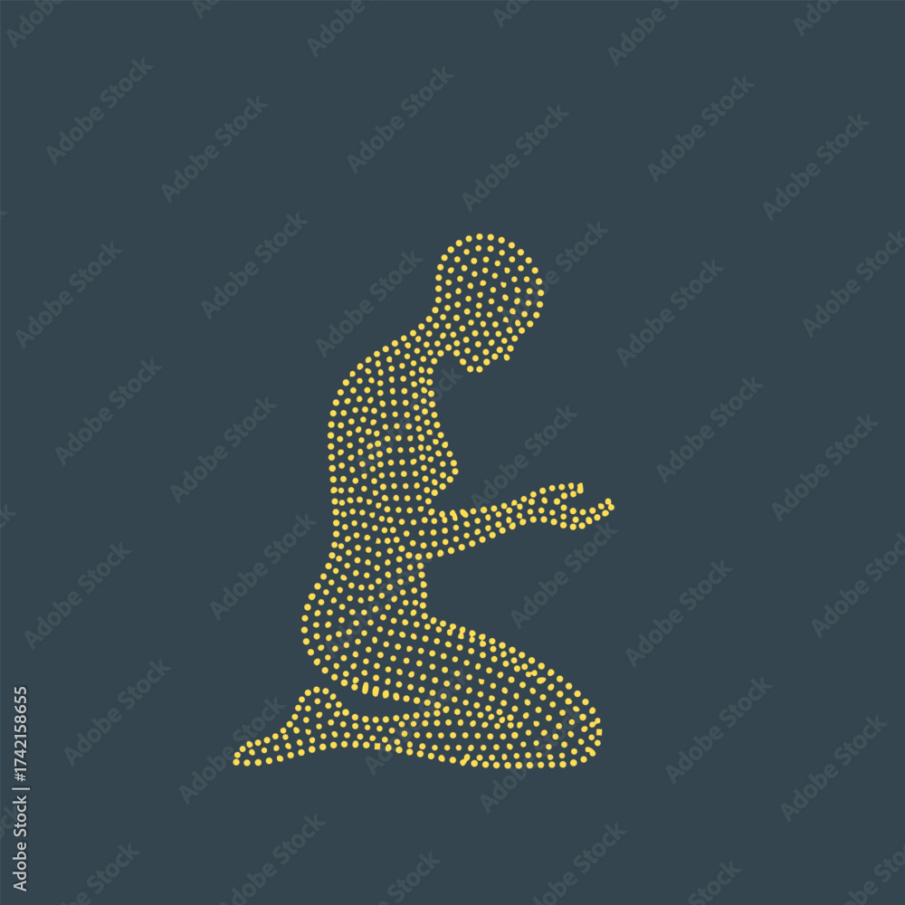 Fototapeta premium Minimalist digital representation of a person kneeling with hands raised in a prayer or meditation pose, composed of small dots on a dark