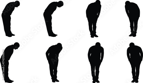 Bowing silhouette, respect gesture, cultural tradition, greeting posture, apology pose, formal etiquette, humility, honor, polite expression, social ritual, ceremony