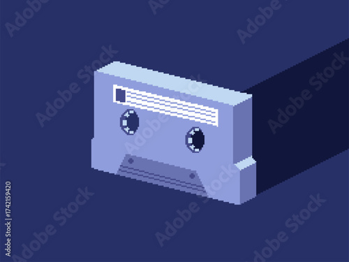 Single Cassette Tape Standing with Light, Blue Tone, Pixel Flat Style Illustration