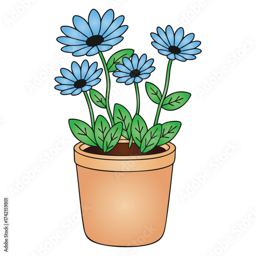 Potted Blue Daisy or Simple Flowers in Terracotta Pot Vector Illustration
