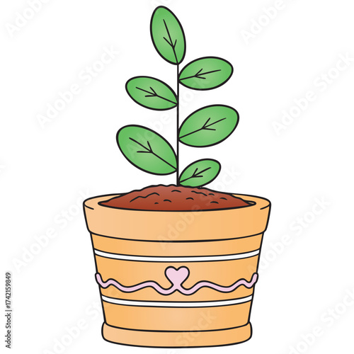 Charming Seedling Plant in Decorated Terracotta Pot with Heart Vector