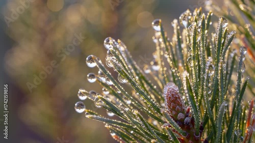Close-up of vibrant green pine needles adorned with glistening dew drops and delicate frost, sparkling beautifully in the warm, diffused morning light.