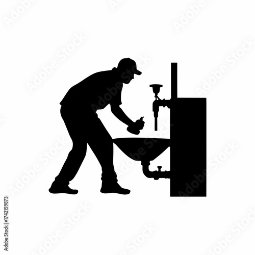 Silhouette of a plumber unclogging a sink isolated on white background