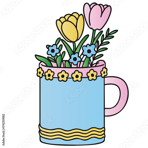 Colorful Tulip Flowers in Decorative Mug Planter Vector Illustration