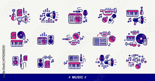 Music and sound producing vector detailed icons set, recording studio mix audio, audio engineering bundle.