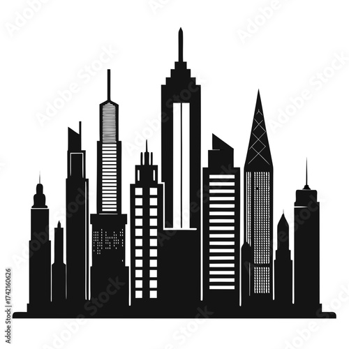 Black silhouette of a modern city skyline with diverse skyscrapers against a white background