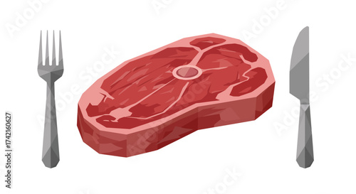 Geometric Steak with Fork and Knife Illustration.