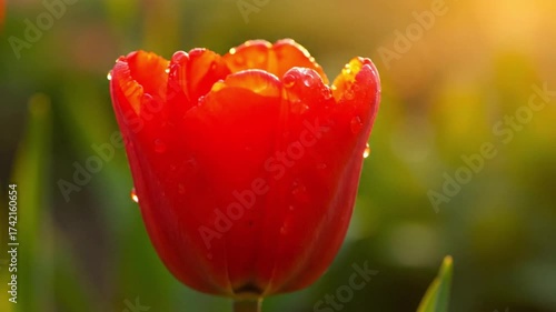 Close-up of a Vibrant Red Tulip Bud Opening with Water Droplets, Set Against a Soft Green and Golden Bokeh Background, Symbolizing Spring and Renewal.