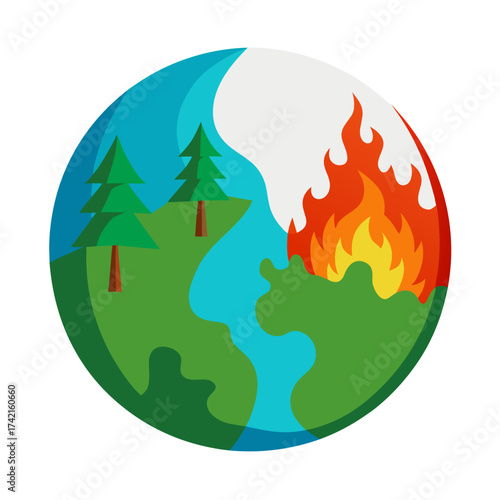 Illustration of planet earth divided between lush green nature and a raging wildfire