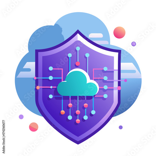 Digital cloud security shield with network connections and abstract background elements
