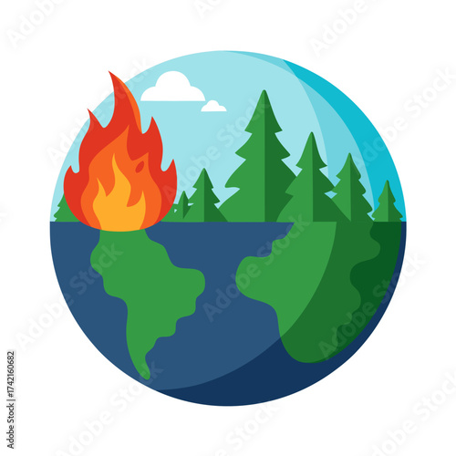 Planet earth engulfed in flames with forest and clouds above