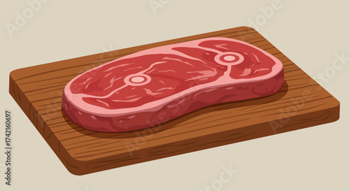 Cartoon Steak on Wooden Cutting Board Illustration.