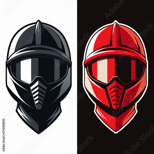 Stylized motorcycle helmets in black and red with goggles and visors