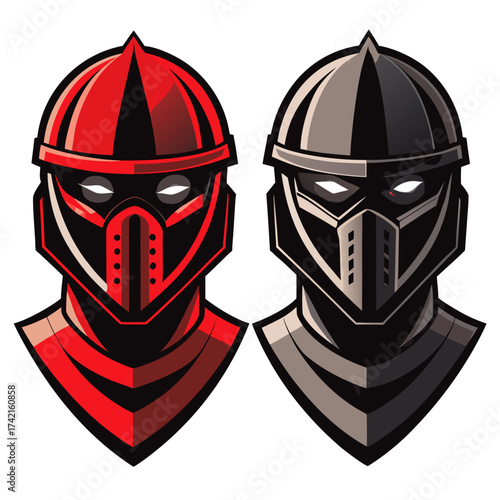 Two stylized warrior helmets one red and black the other grey and black