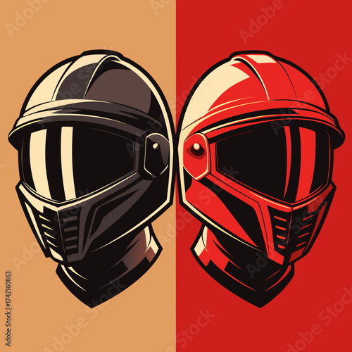 Two futuristic helmets one black and one red facing each other in a bold graphic style