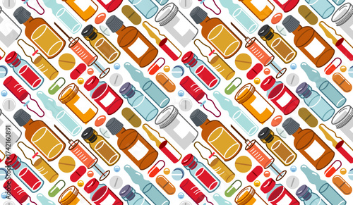 Medicine seamless background, vector medical pills and bottles tiling wallpaper, drugstore and pharma endless pattern, elements easy to use separately as icons or illustrations.