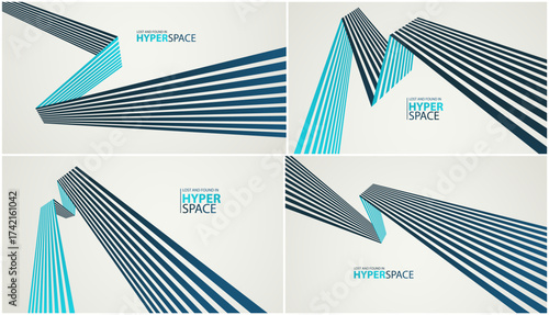 Lines in space perspective vector abstract background set, optical illusion surreal art, aggressive shapes and speed feeling, dynamic forceful motion, op art.