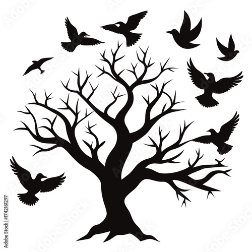 Silhouette of a bare tree with birds flying around it in a stylized design