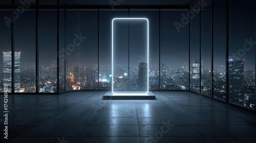 Fototapeta Naklejka Na Ścianę i Meble -  Sky-high view, digital display, tech city lights, mobile unveiling, neon allure