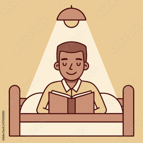 Cartoon man reading a book while lying down in bed