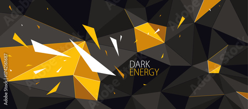 Black and yellow vector abstract low poly background, 3D polygonal triangular abstraction with broken structure and flying particles in motion.