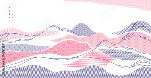 Abstract oriental Japanese art vector background, traditional style design, wavy shapes and mountains terrain landscape, runny like sea lines.