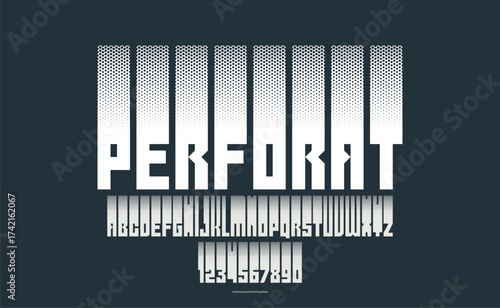 Halftone dotted geometric brutal and bold typeface for logos and posters, vector urban industrial font, modern display typography in cyberpunk futuristic style.