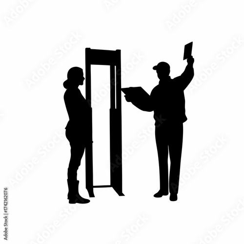 Silhouette of a security guard checking id at a gate isolated on white background