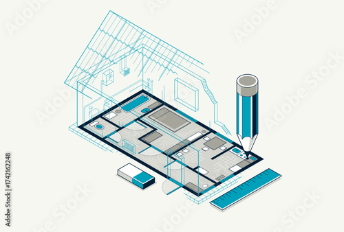 House floorplan drawing with pencil, residential home building blueprint, 3D isometric vector illustration, interior design project top view with roof, family house.