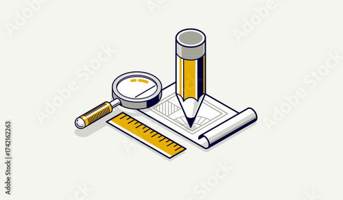 Engineer at work concept, engineering job, paper document blueprint engineering vector 3D isometric illustration, abstract draft drawing, cad technical plan.