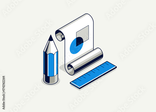 Engineering project concept, paper document blueprint with pencil engineer work job vector 3D isometric illustration, abstract plan drawing, cad scheme icon.