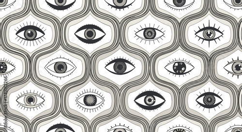A mesmerizing pattern of intricately designed eyes set within a geometric quatrefoil lattice structure.
