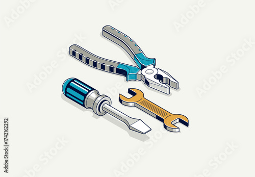 Repair and maintenance concept, technics service, tools in 3D isometric projection vector illustration, technical mechanical workshop.