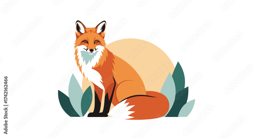 Fototapeta premium A stylized illustration of a fox sitting peacefully in a natural setting with soft vegetation and a large circular sun.
