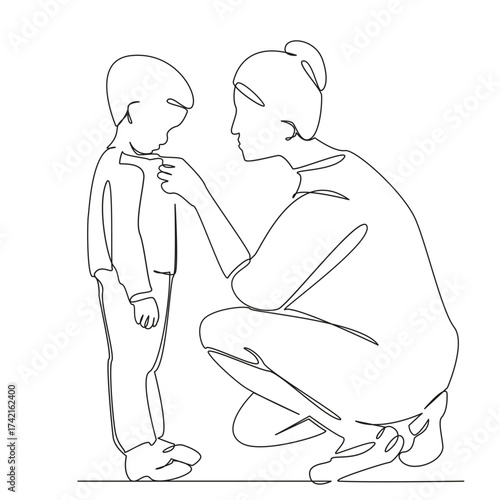 One continuous single drawing line art flat doodle mother, children, family, shirt, buttons, boy, son. Isolated image hand draw contour on a white background, hand drawn, not AI