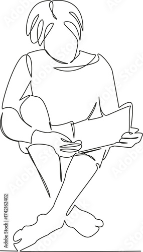 One continuous single drawing line art flat doodle book, reading, girl, teenage, school, young, education, female. Isolated image hand draw contour on a white background, hand drawn, not AI