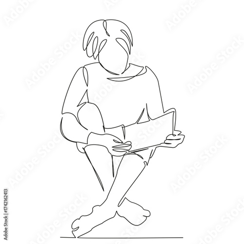 One continuous single drawing line art flat doodle book, reading, girl, teenage, school, young, education, female. Isolated image hand draw contour on a white background, hand drawn, not AI