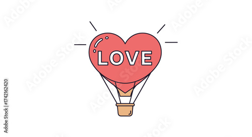 A hot air balloon shaped like a heart with the word love written on it rises into the sky.