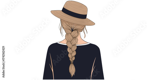 A young woman with blonde hair braided and wearing a straw hat.