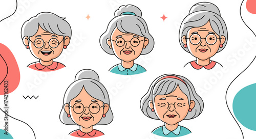 A delightful collection of diverse elderly women portraits showcasing their unique personalities.